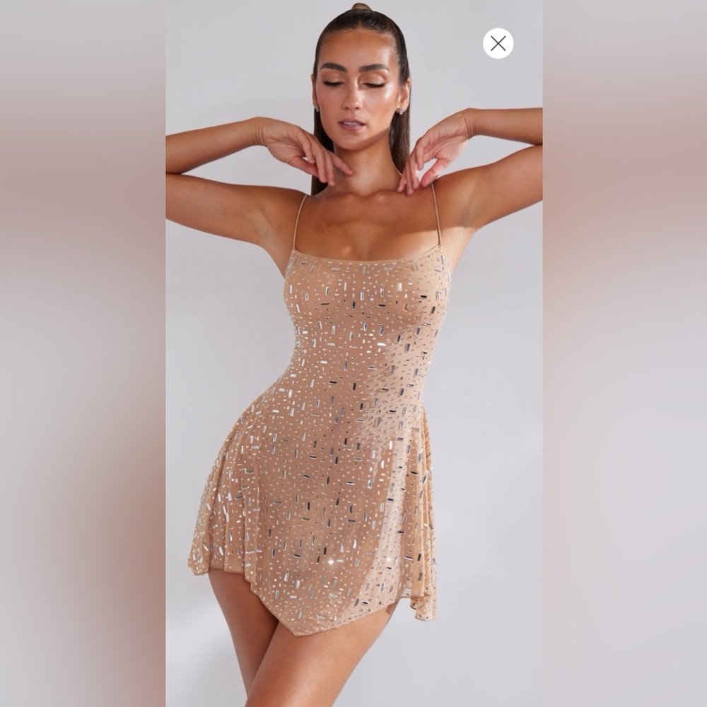 OH POLLY - DURRANI Embellished Mini Dress in Almond & Mini Slip Dress in Almond